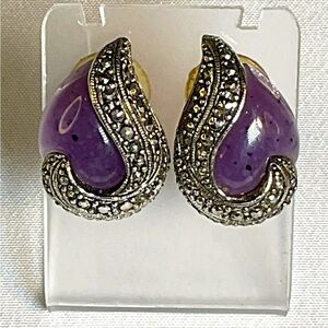 Vintage 1980s Silver‎ Hematite and Amethyst Cabochon Earrings Stud Style